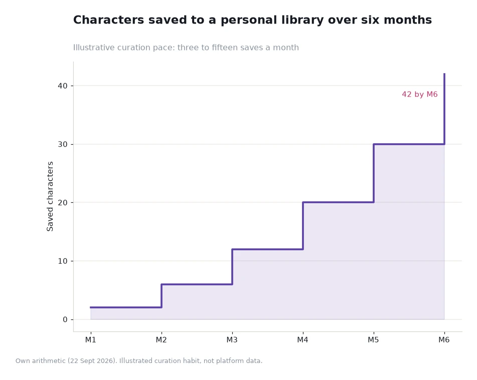 Step chart of saved characters rising from 2 to 42 over six months